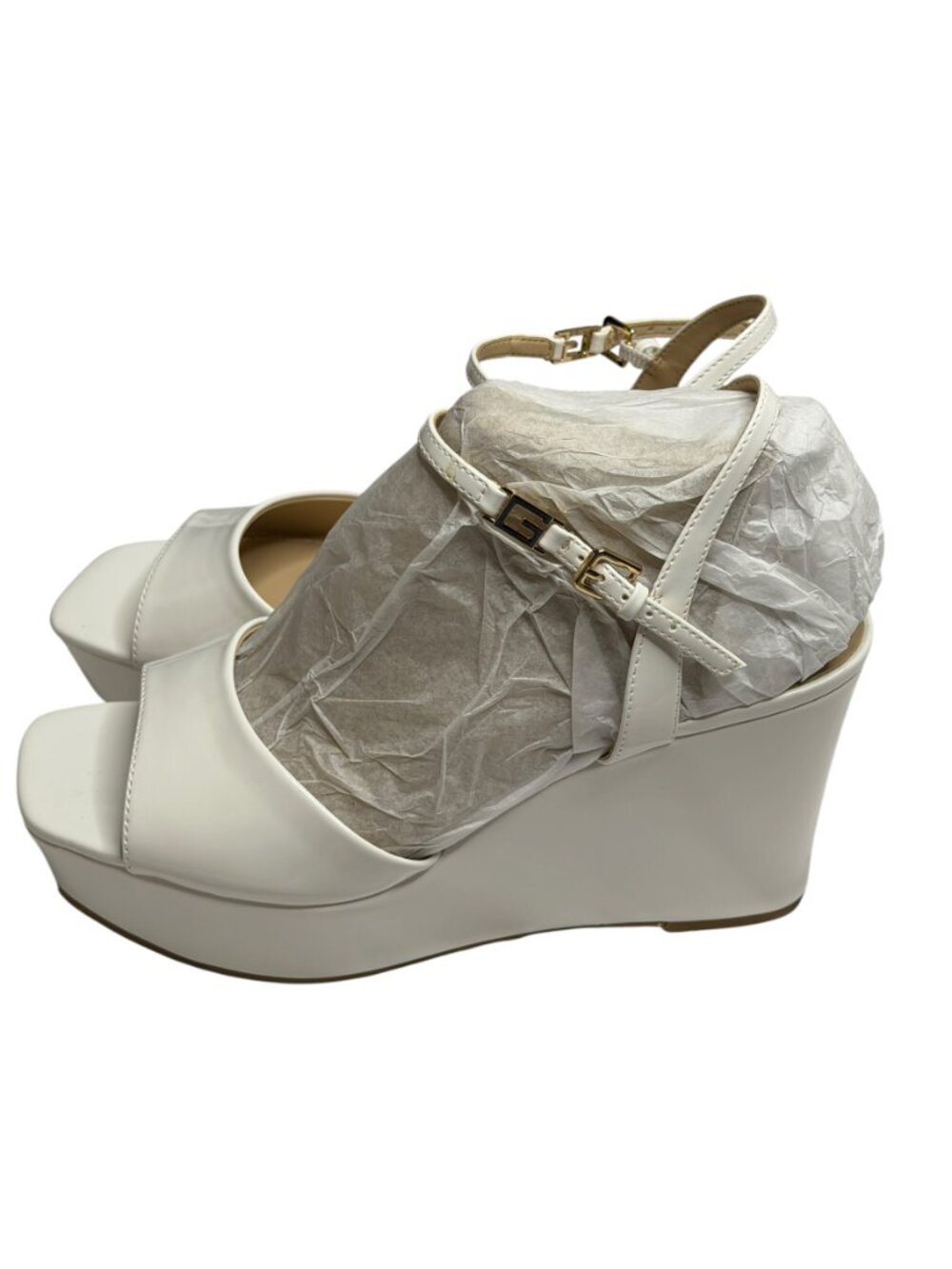 Guess Zione Sandals Shoes Faux Patent Leather Platform Wedge White 10 NIB - Picture 4 of 14